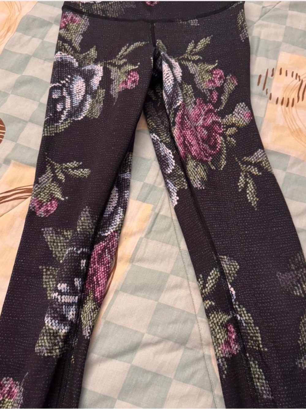lululemon athletica Black Floral Leggings with Pink & Green Accents